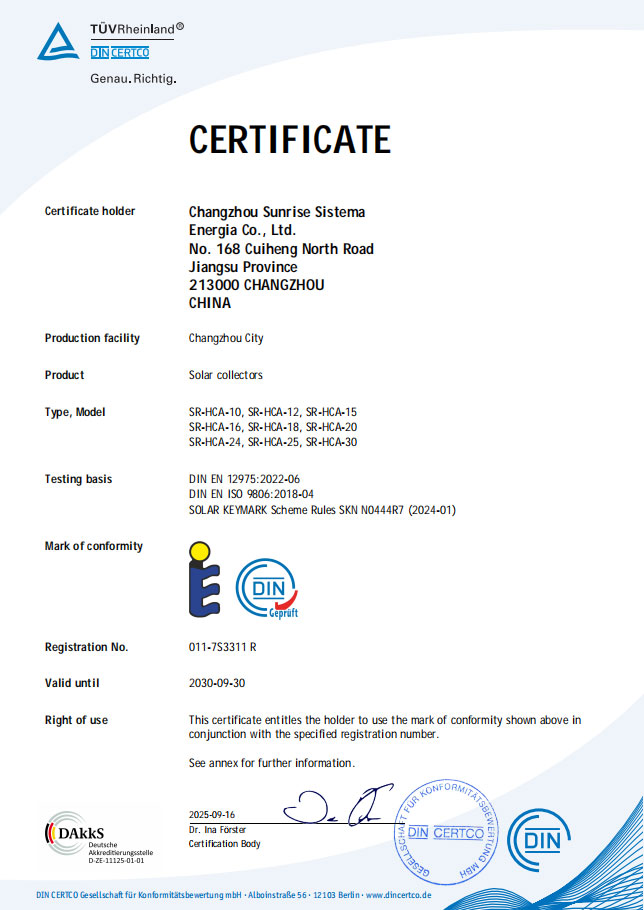 SOLAR KEYMARK CERTIFICATE FOR SOLAR COLLECTOR